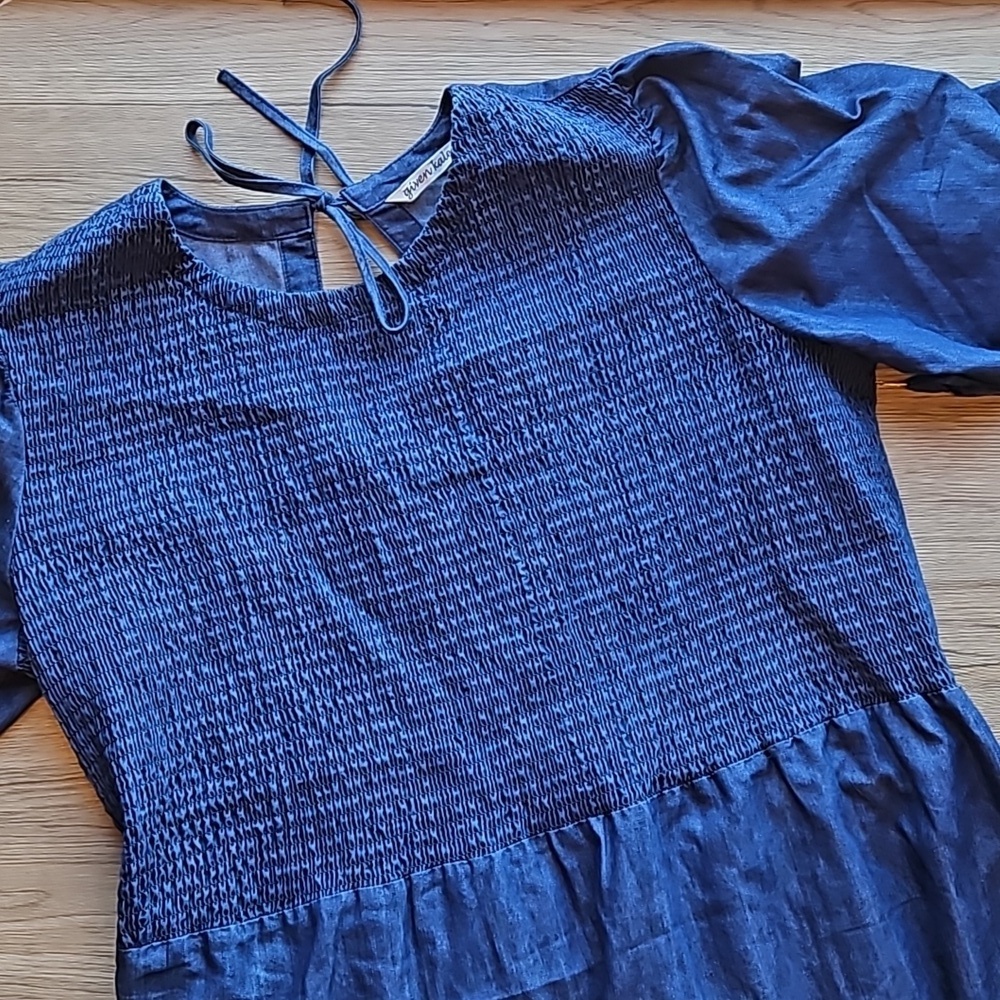 Given Kale Dark Blue Denim Ssmocked Tiered Babydoll Dress M NWT